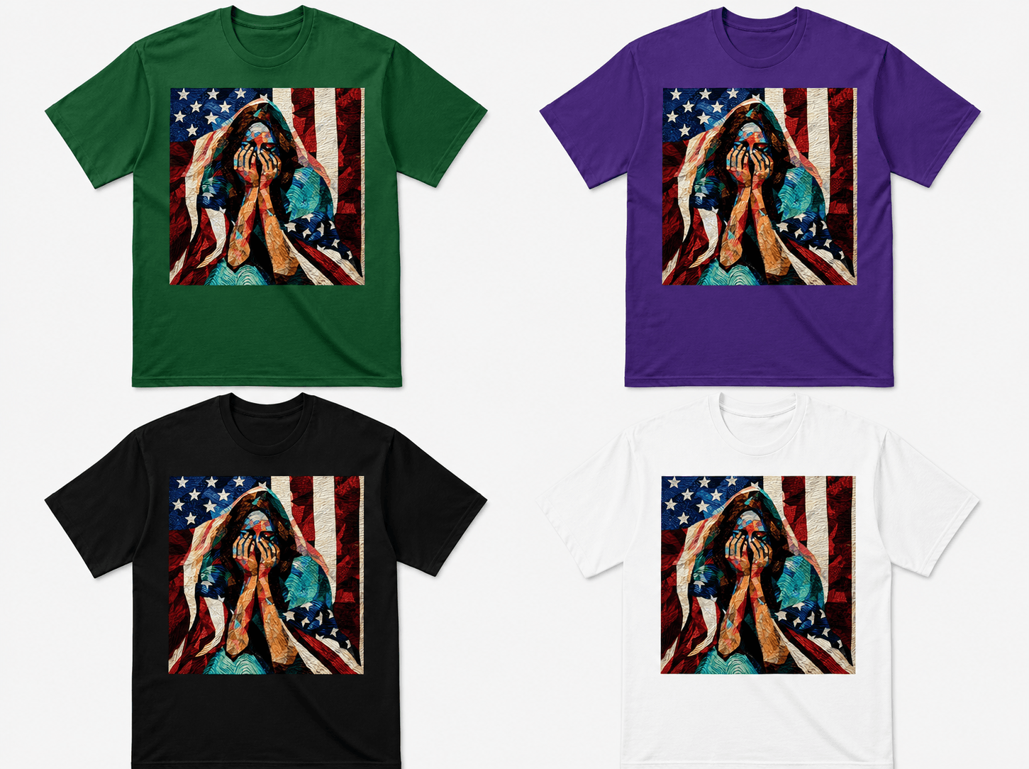 Four colorways of the Shattered printed tee laid flat