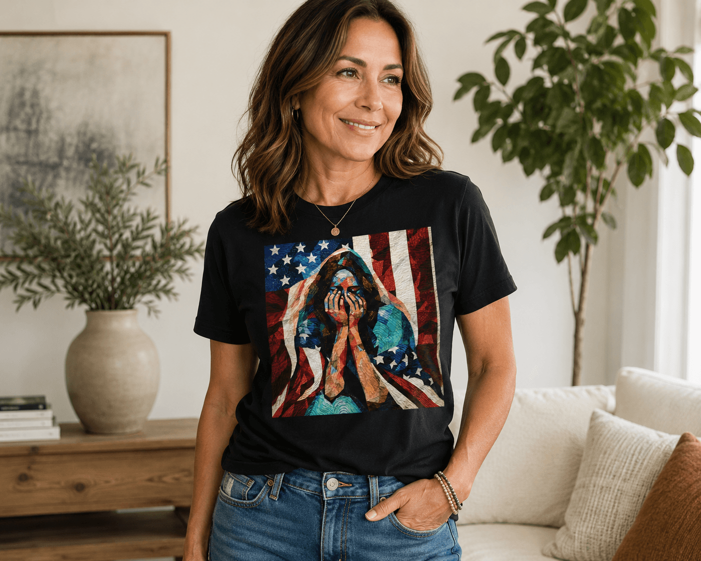 Model wearing the Shattered printed tee in a living room