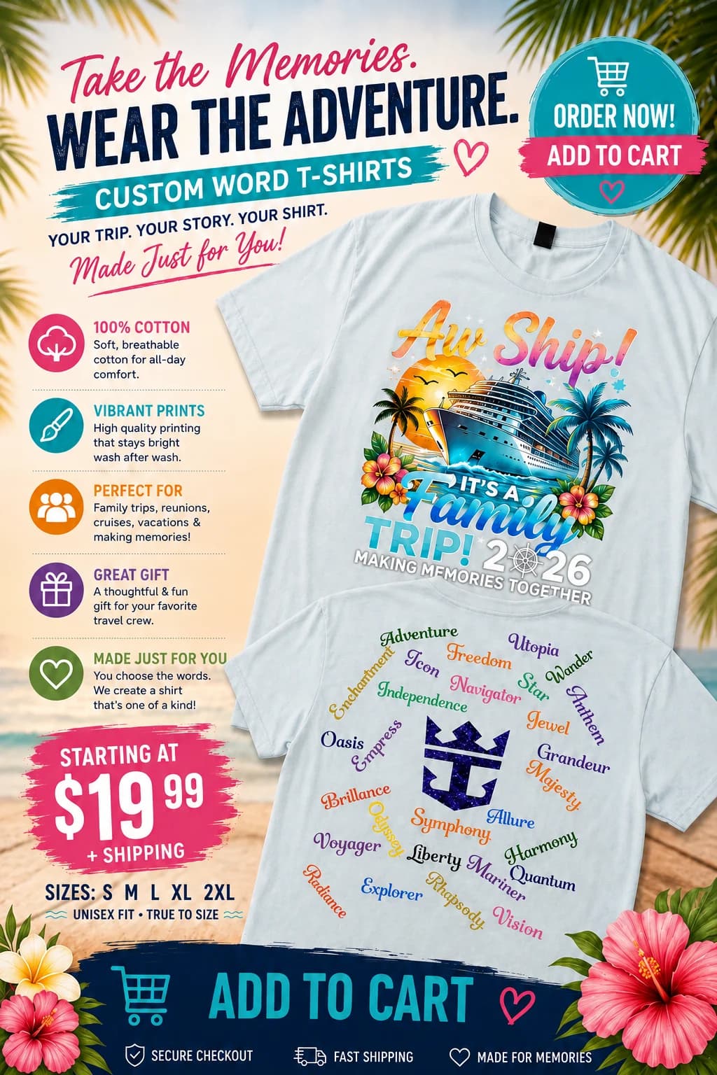 Custom T-shirt promotional image showing a light blue shirt with a colorful cruise design